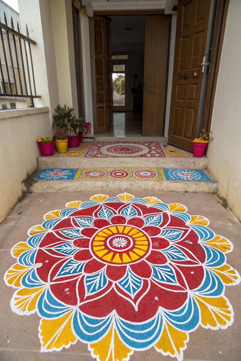 Brilliant shades awaken in this rangoli design, ideal for Diwali festivities.
