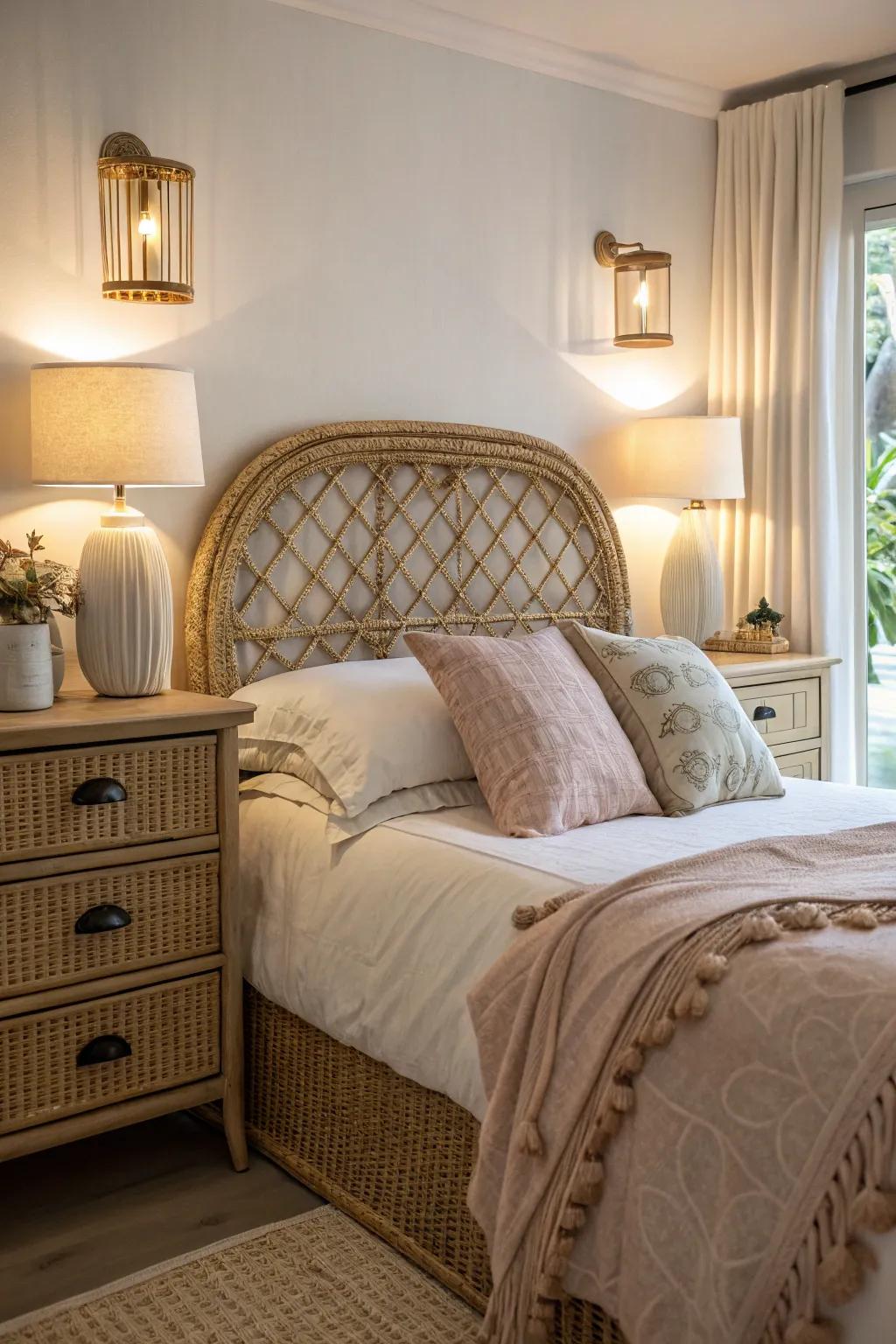 A rattan headboard establishes a welcoming and warm atmosphere for your bedroom.