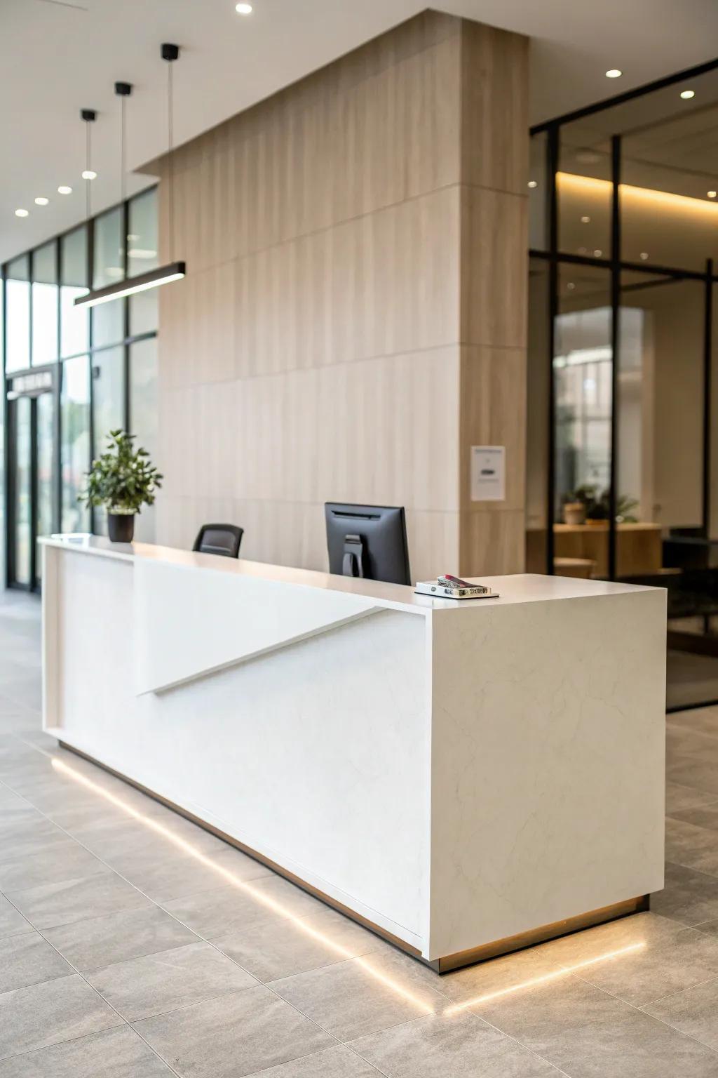 A minimalist reception desk designed for serenity and clarity.