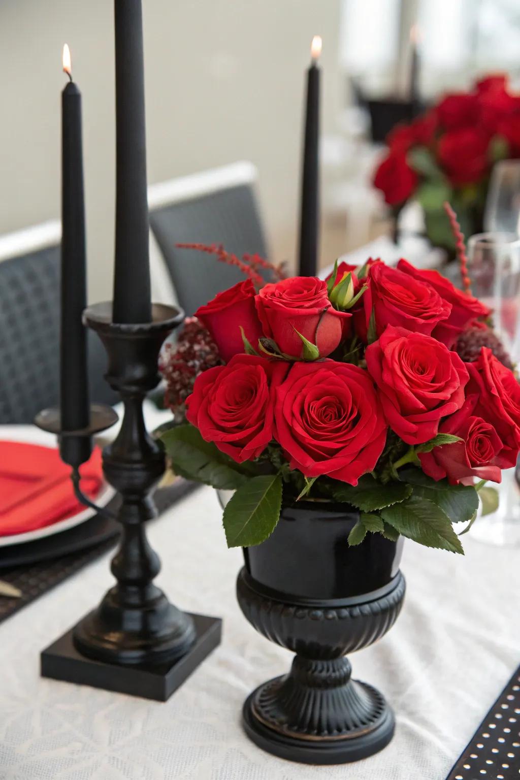 Scarlet flowers placed inside a charcoal container, aligned with charcoal stands to establish heartfelt display.