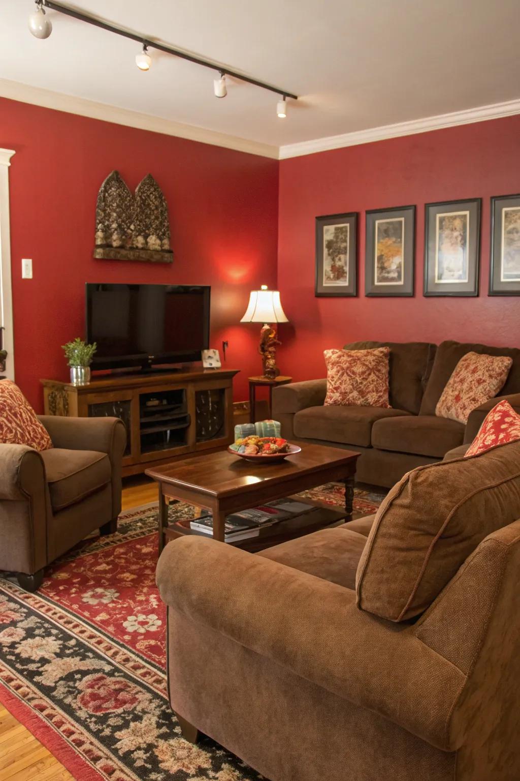 A striking crimson accent wall brings dimension and a focal point to the living room.