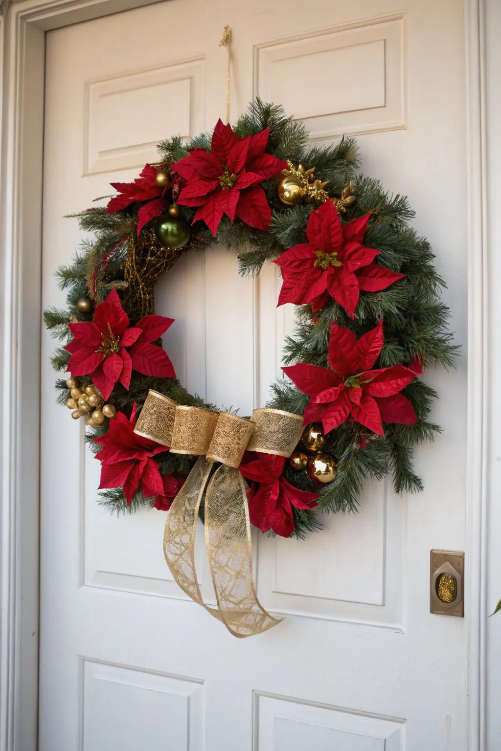 Traditional elegance with poinsettias and gold ribbons.