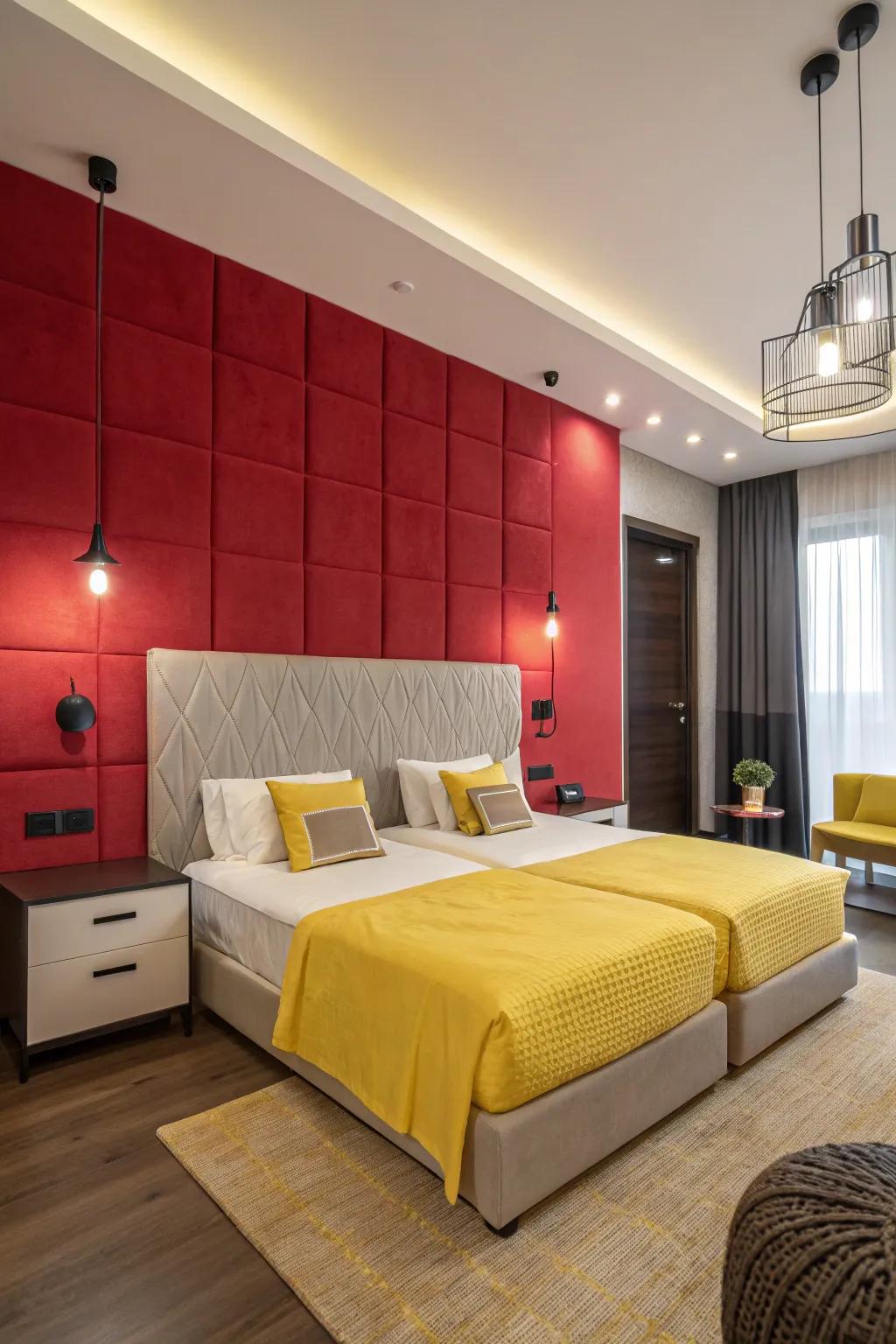 The bold red accent wall complements the yellow bedding, creating a striking visual in this cozy bedroom.