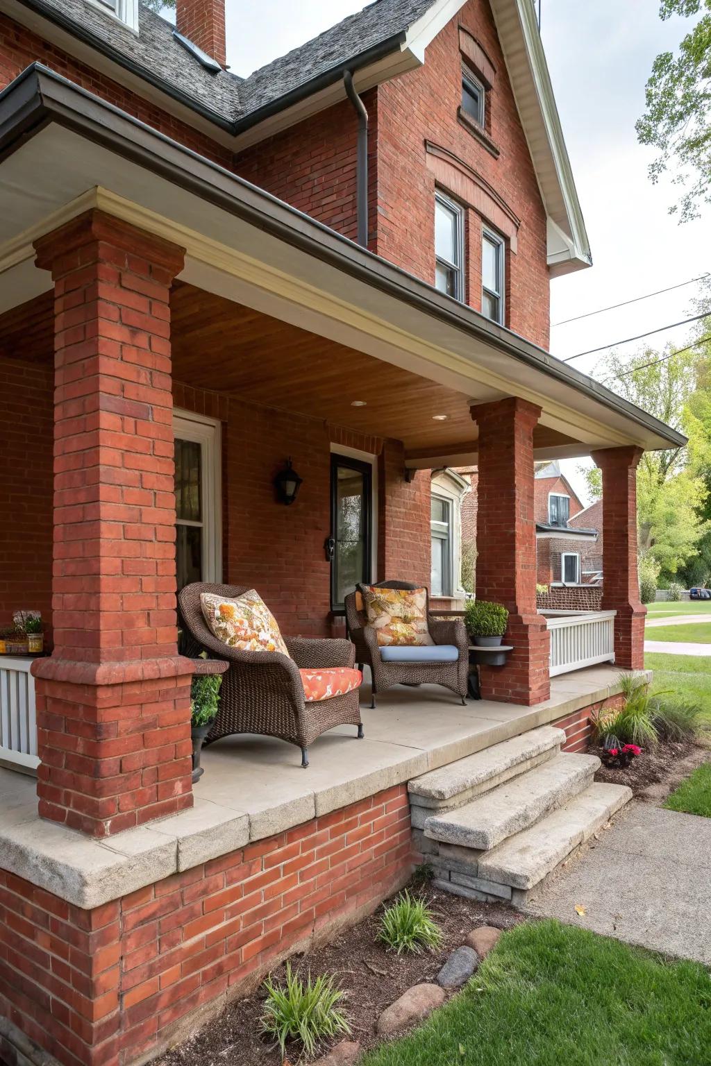 A snug seating area on a red brick porch, an ideal spot for relaxing with a good book.