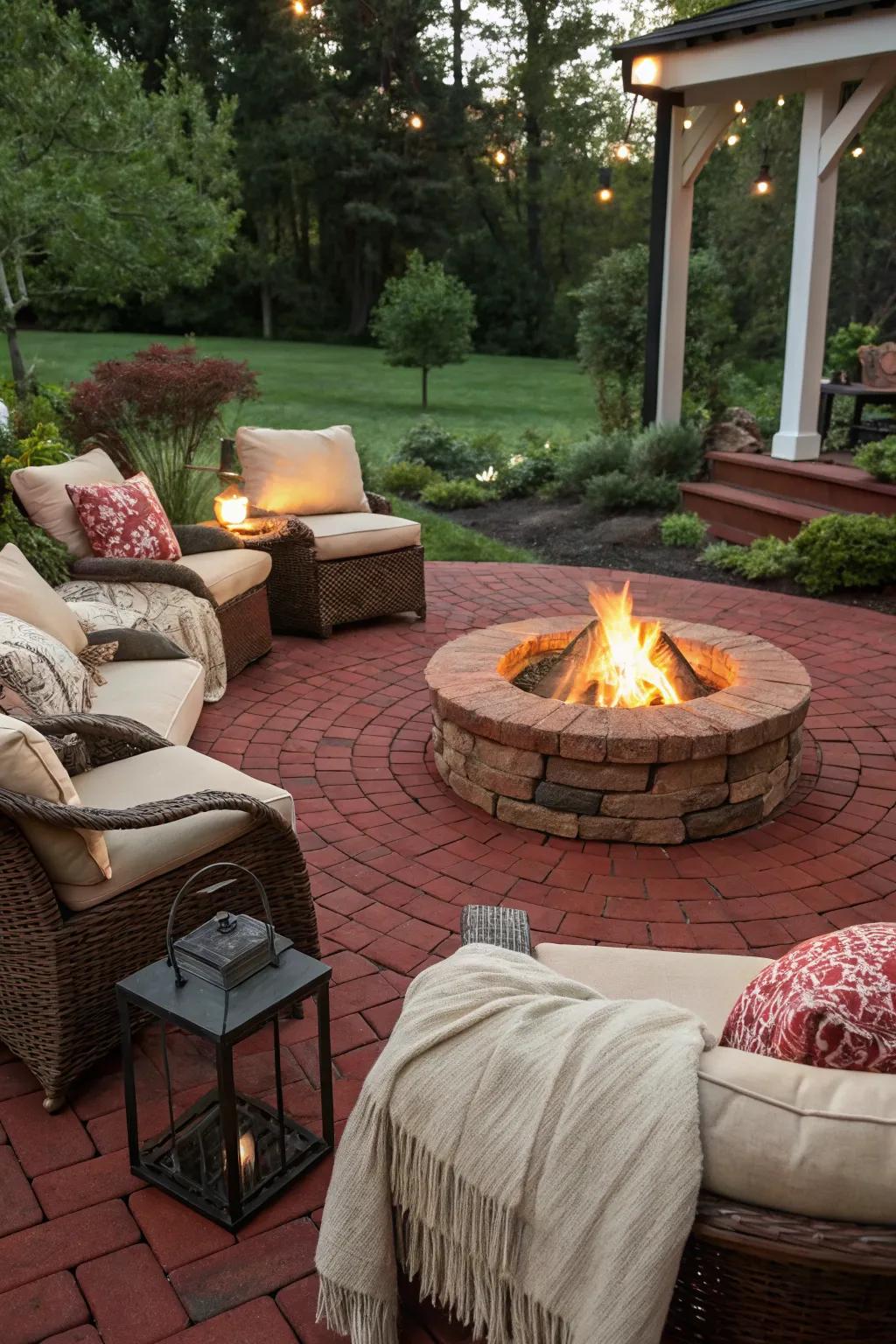 A red brick patio showcasing a snug fire pit setup