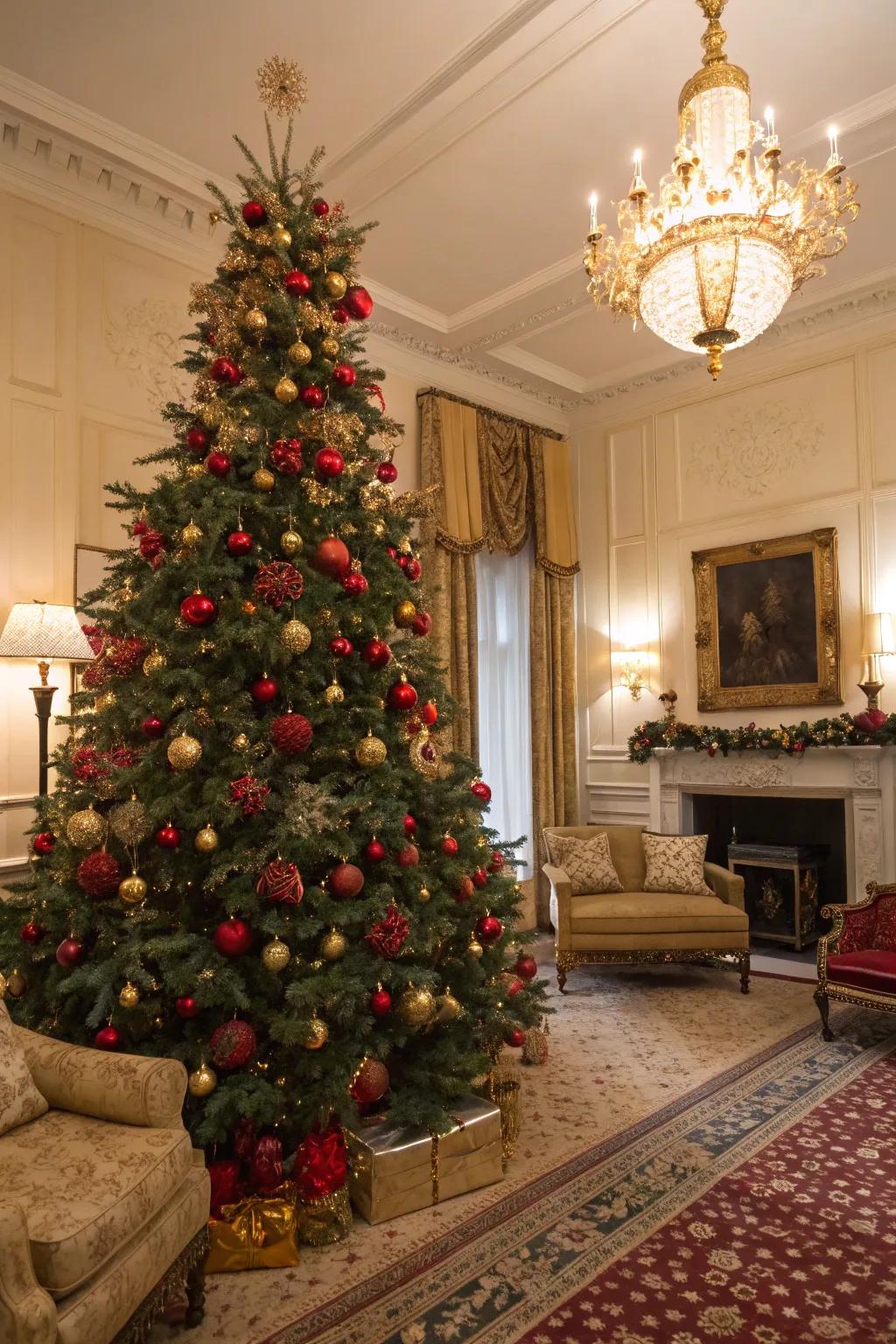 Classic Christmas tree in scarlet and gold, lavishly adorned.