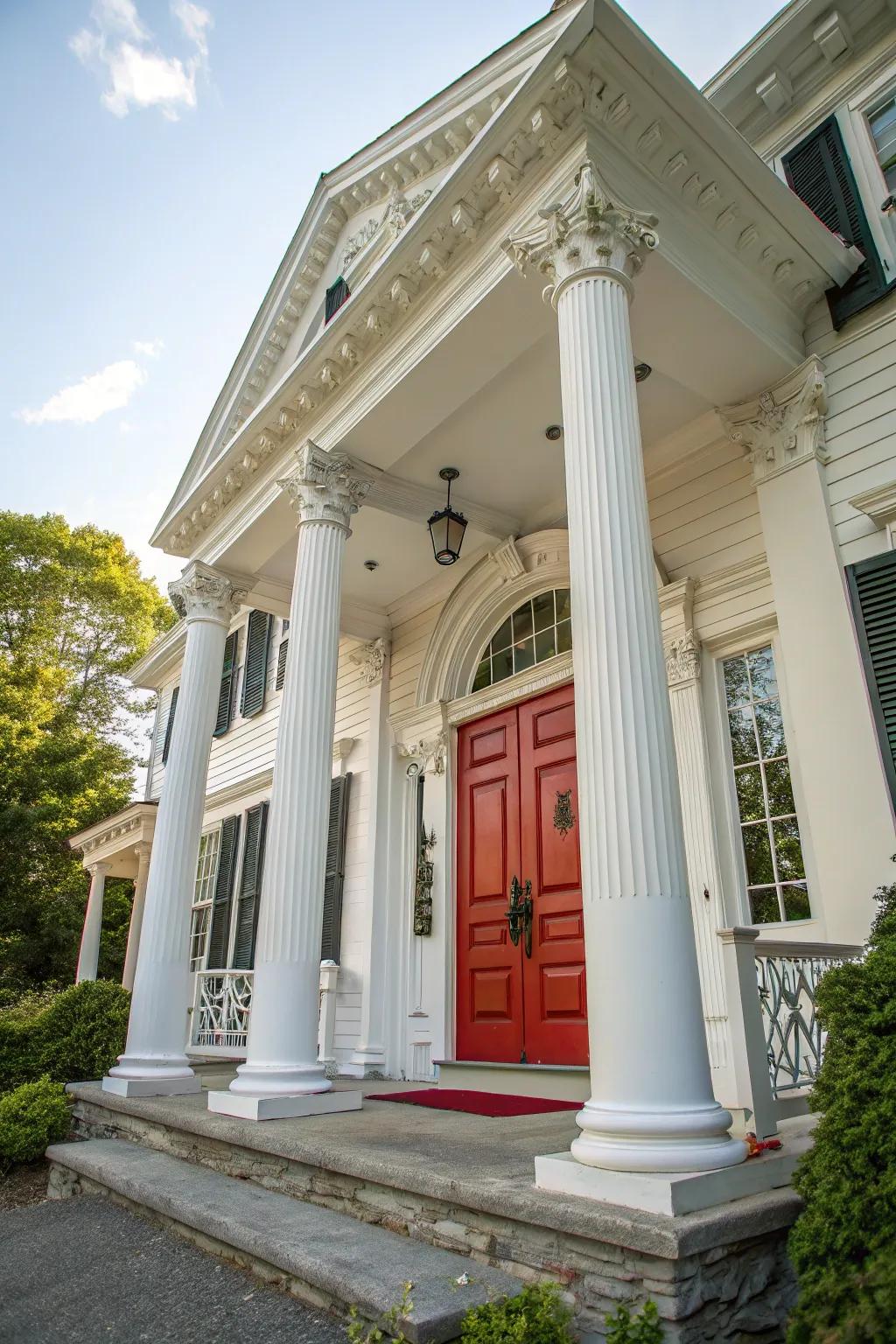 Colonial home with a bold red front door, exuding timeless charm.