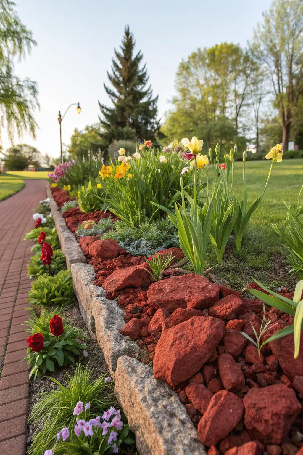 Scarlet igneous stones create a defined border, magnifying the vivacity of the garden's palette.
