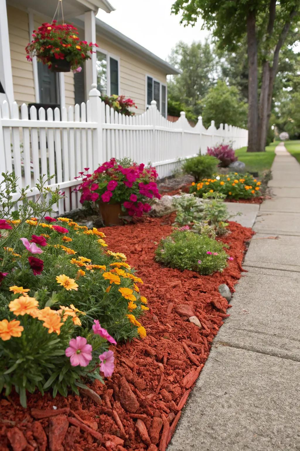 Scarlet ground cover boosts the striking hues of flowers, resulting in a captivating garden spectacle.