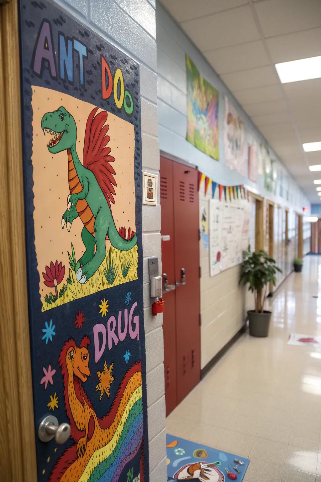 Transform your door into a prehistoric scene with dinos and a powerful message.
