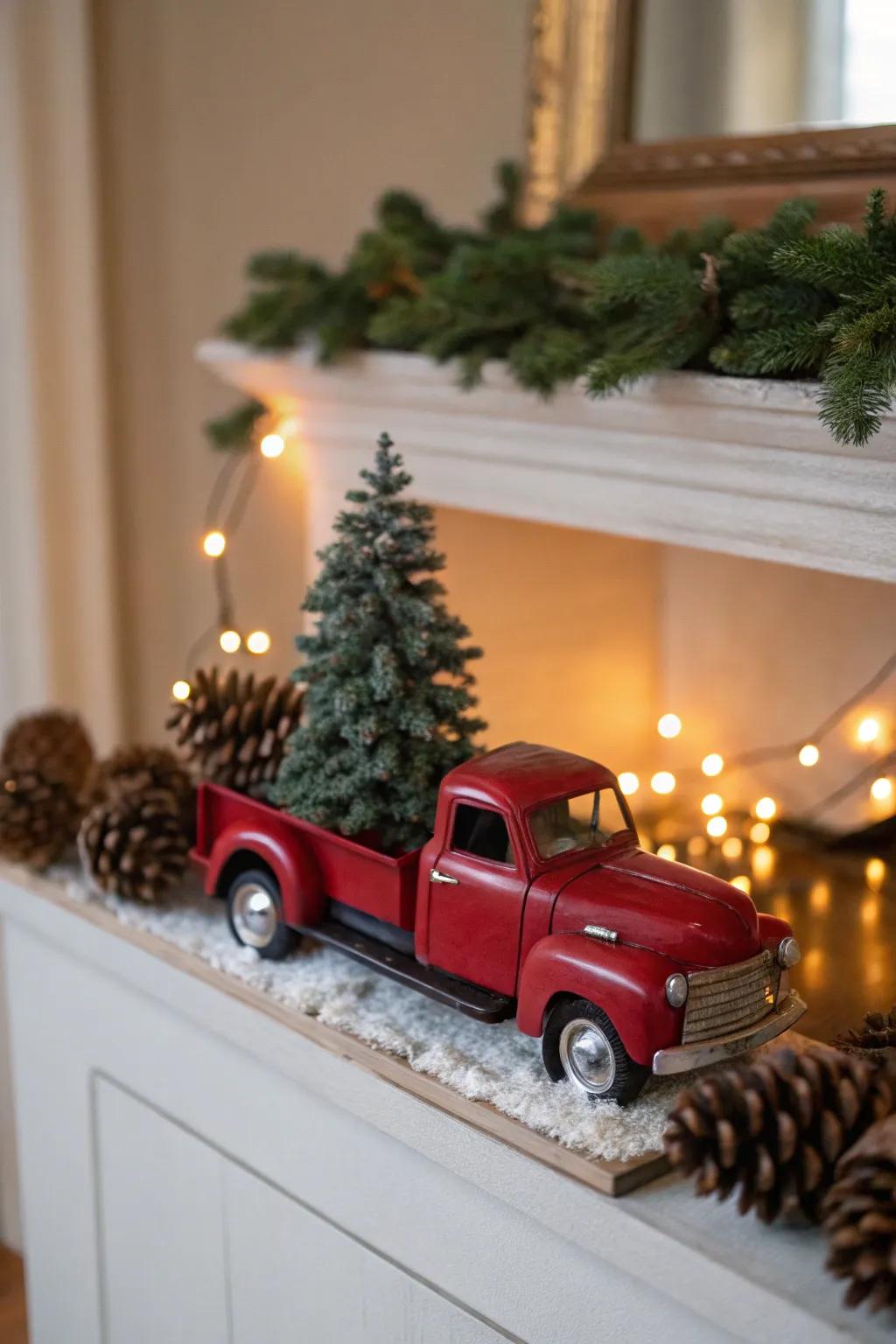 Miniature Christmas tree nestled in a red truck on a festive mantel.