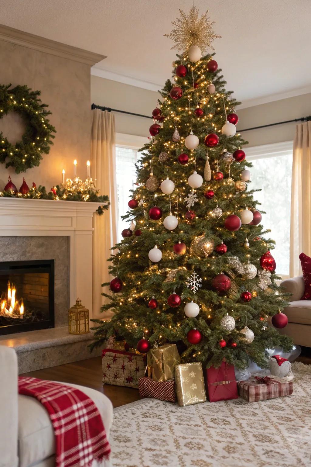 A Christmas tree radiating classic elegance with crimson and gilded spheres.