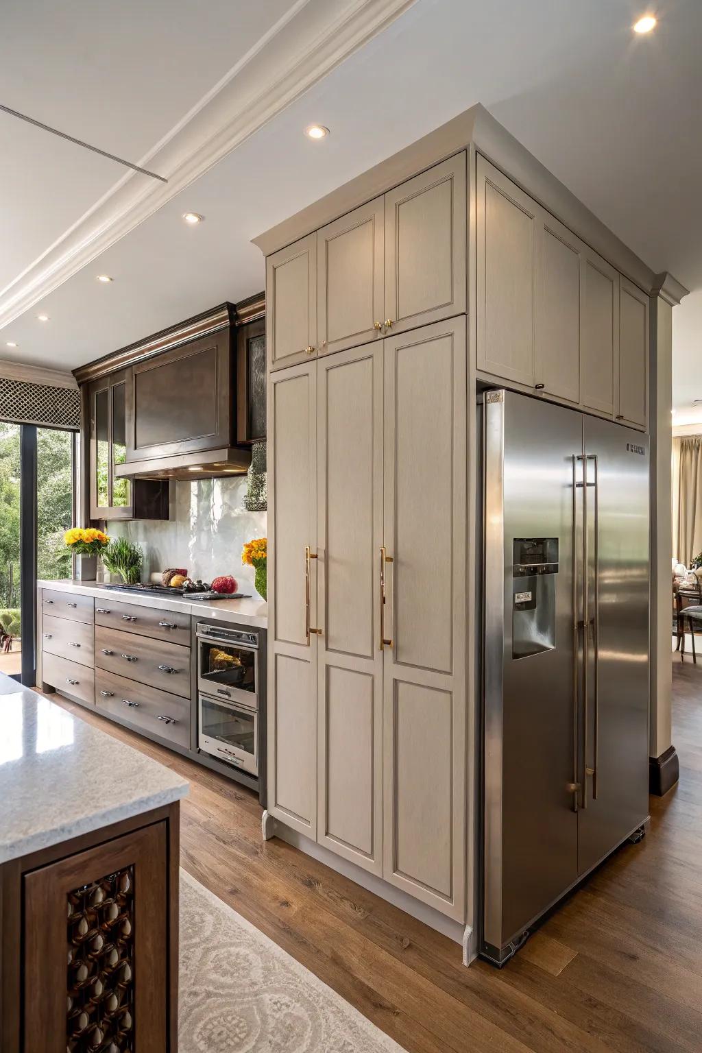 A kitchen featuring a fridge cleverly hidden using custom cabinet panels.