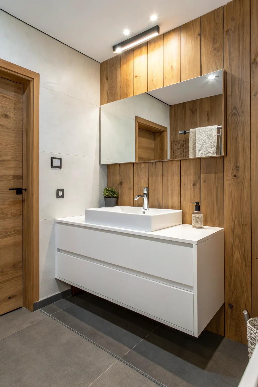 A pristine, airy restroom featuring a floating vanity that enhances the sense of space.