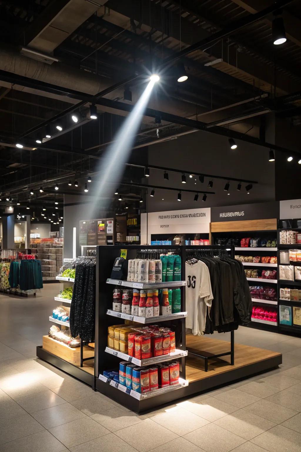 Spotlighting drawing attention to new arrivals in a retail environment.