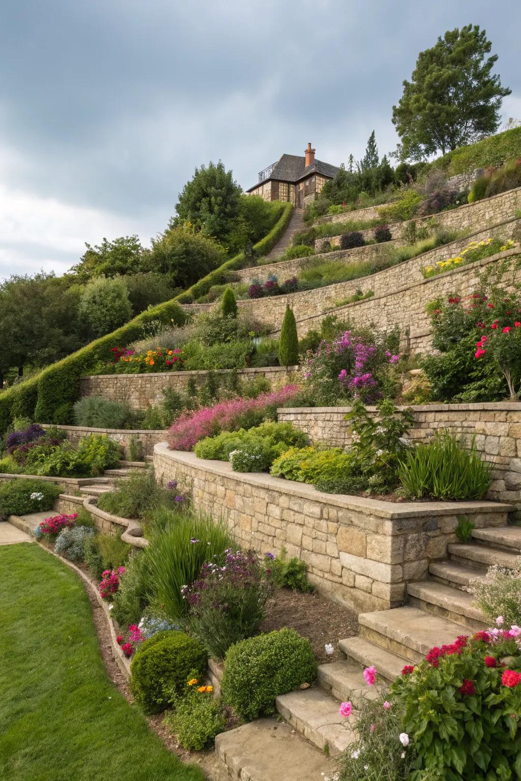 A terraced garden showcasing multiple levels created with architectural landscape blocks, flourishing with a variety of plants.
