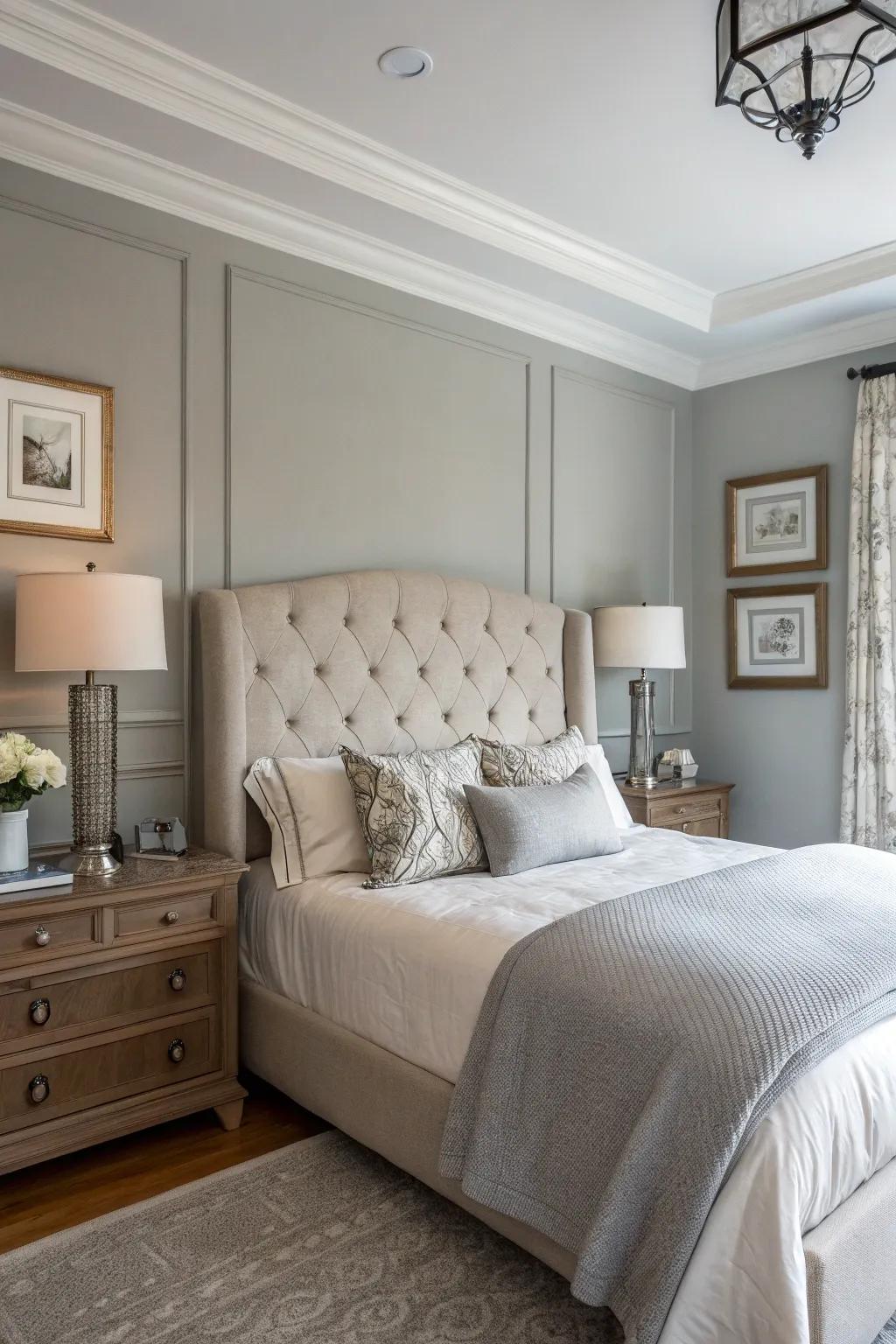 A stylish fabric headboard perfectly accents the Gentle Gray walls.