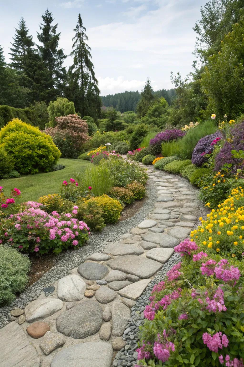 A peaceful river rock pathway invites you to wander through nature's beauty.