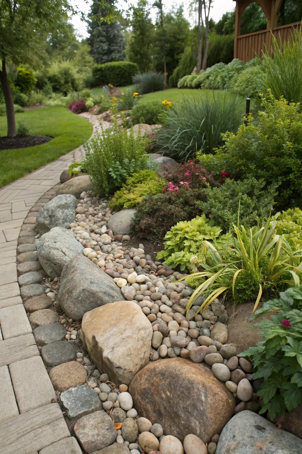 A garden area gracefully outlined with smooth river stones, highlighting the natural appeal of the foliage.