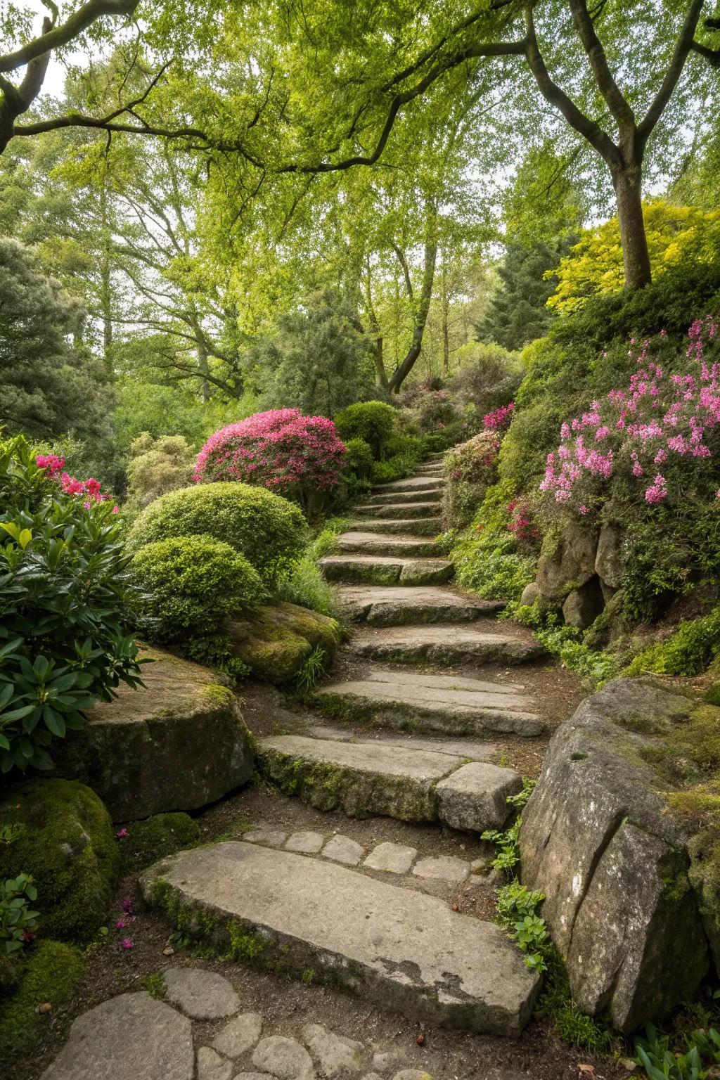 Natural rock steps for an authentically rustic garden pathway.