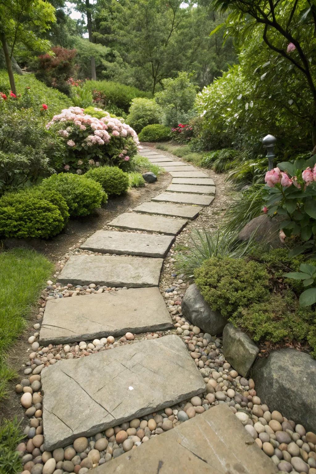 An organic stone walkway encourages exploration through lush greenery.