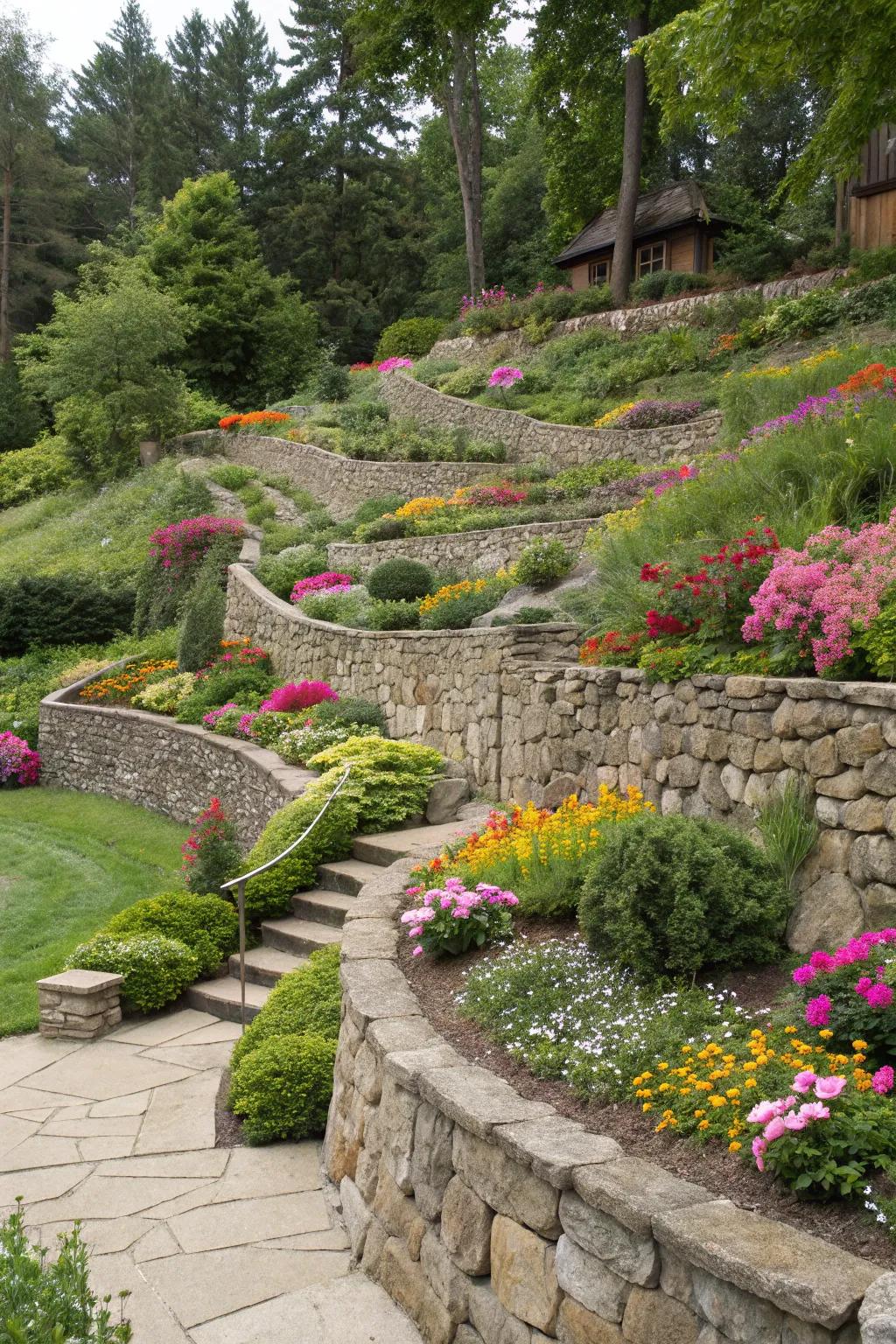 Tiered plots featuring stone walls produce a stratified vista filled with vibrancy.