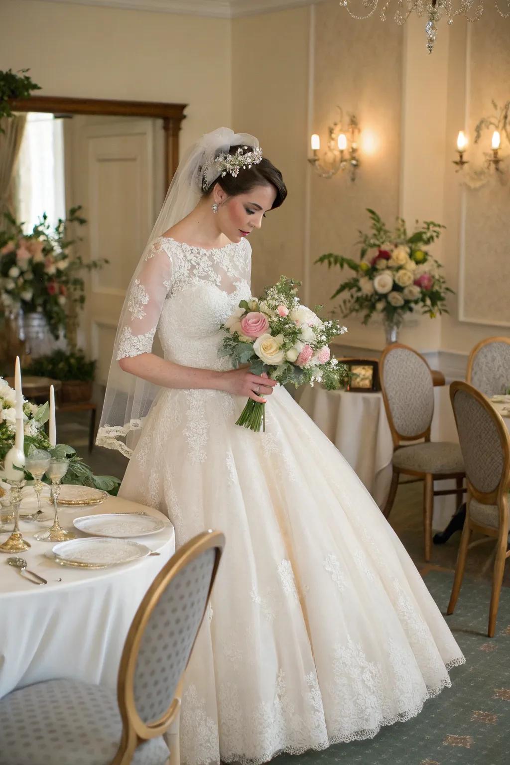 A glowing bride radiates vintage rockabilly style in a tea-length gown.