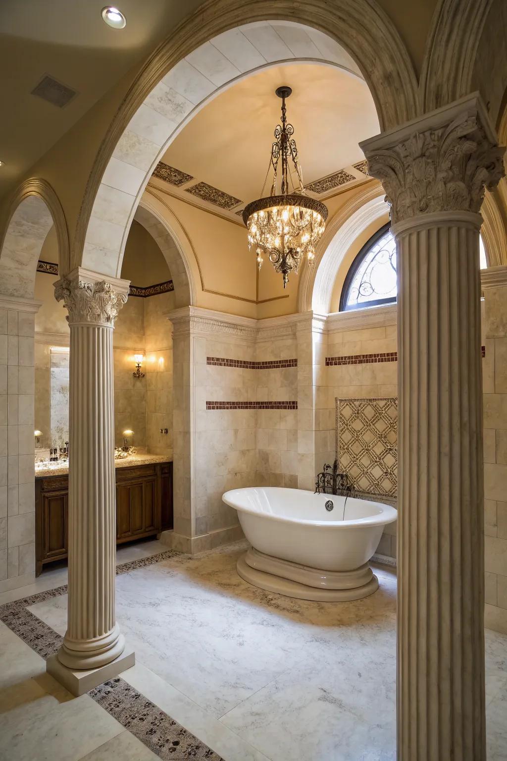 The pillars bring the feeling of Roman style to this spa-like bathroom.