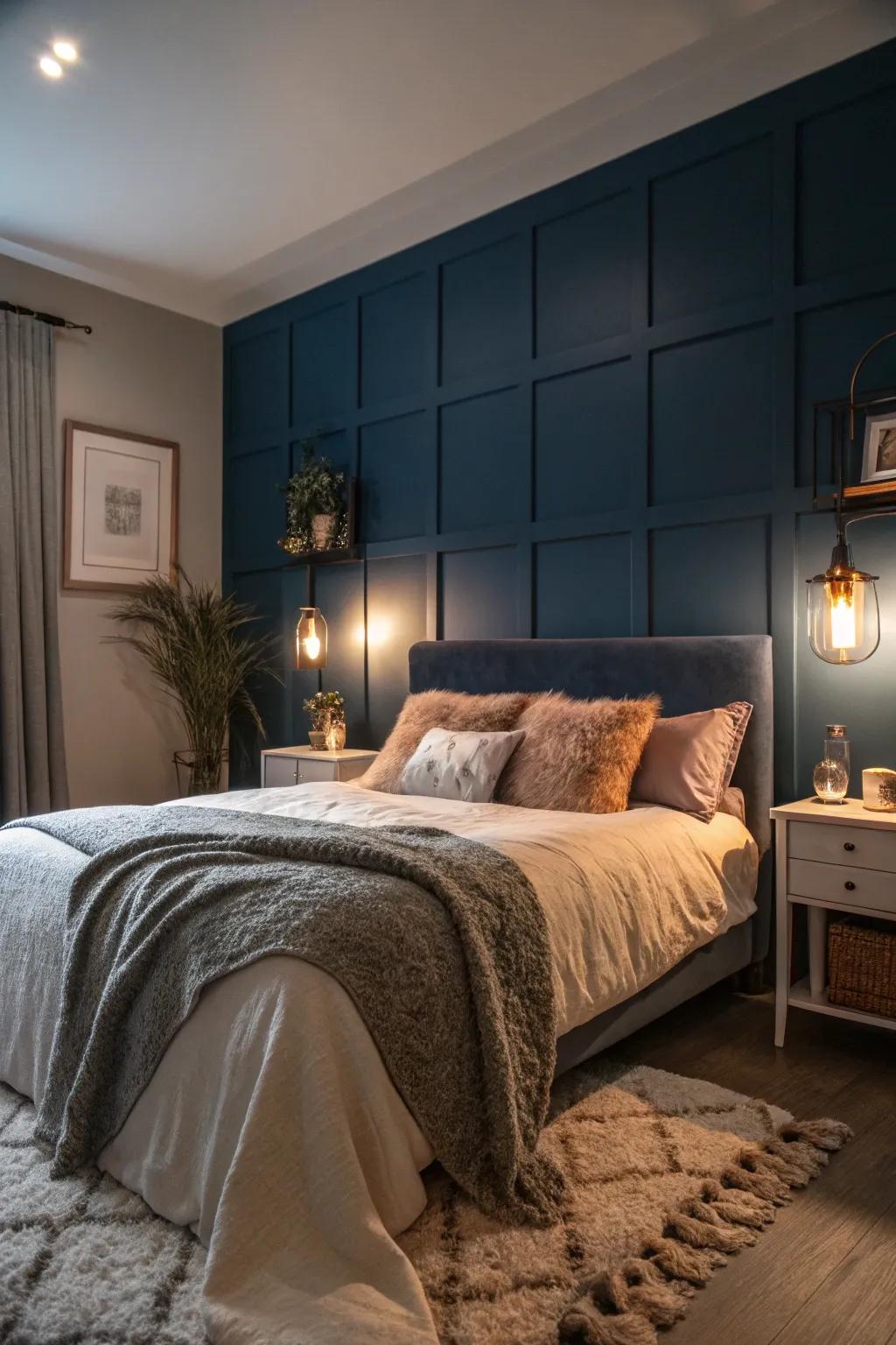 Deep blue hues create a comfy, romantic bedroom vibe.