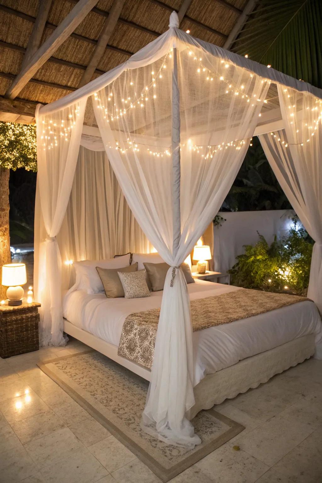 A draped bed with airy curtains radiates magic and romance.