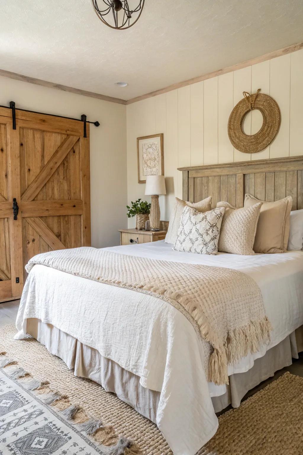 Neutral hues cultivate a serene countryside bedroom atmosphere.