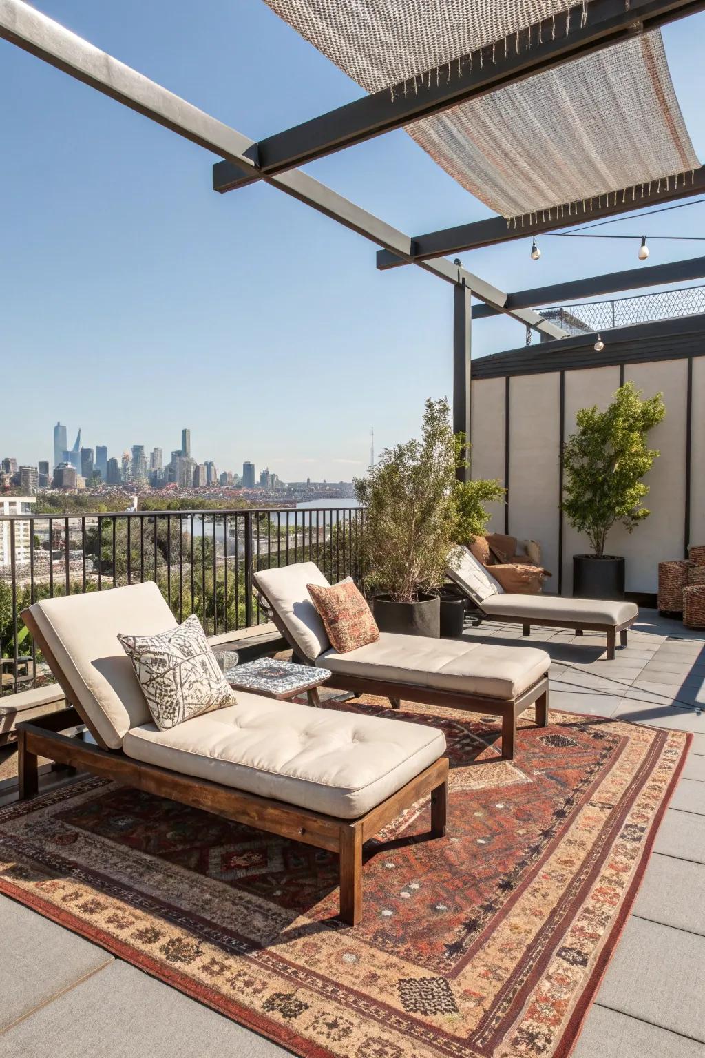 A rooftop relaxation space featuring cozy seating.