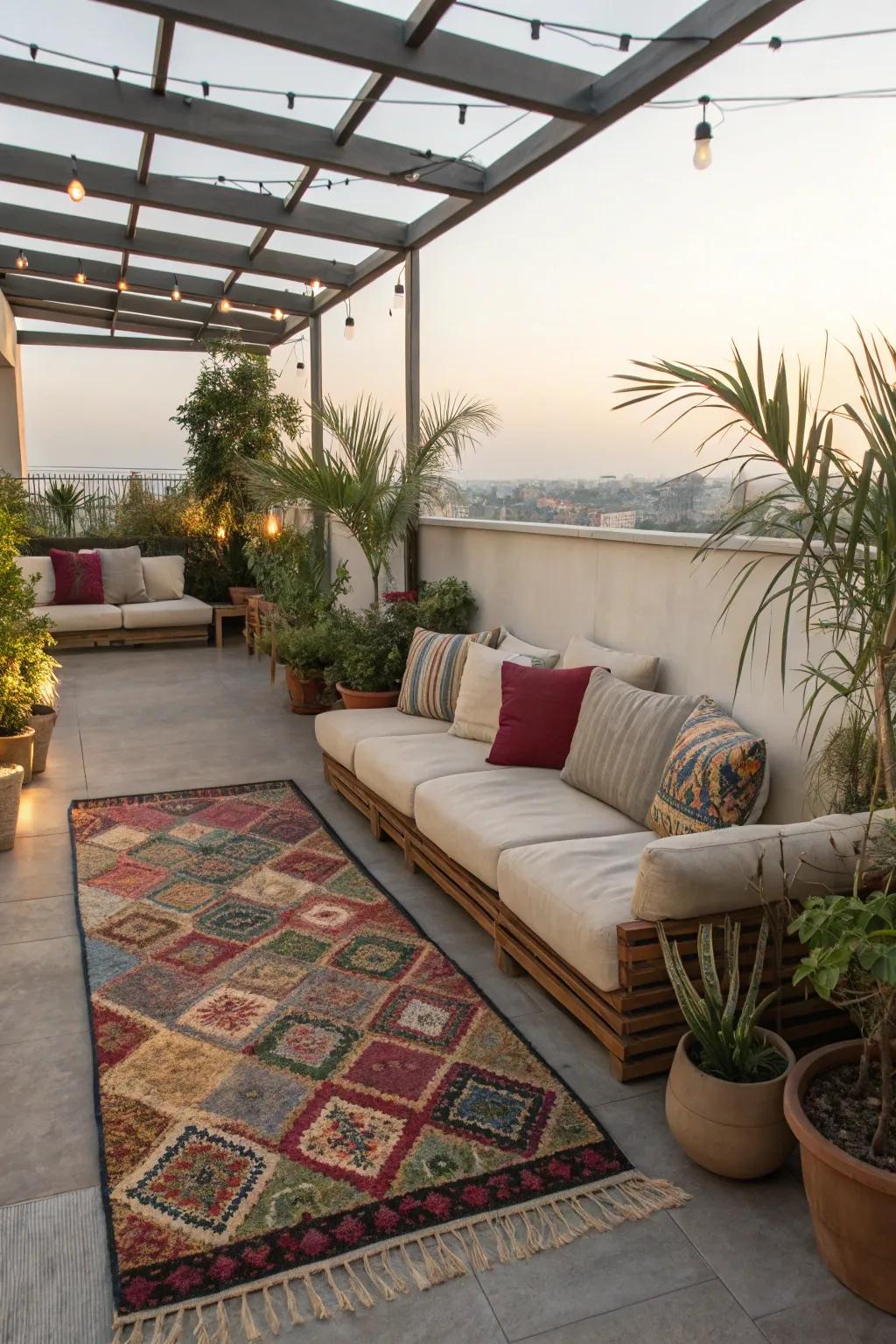 A cozy seating arrangement turns your rooftop into an irresistible retreat.