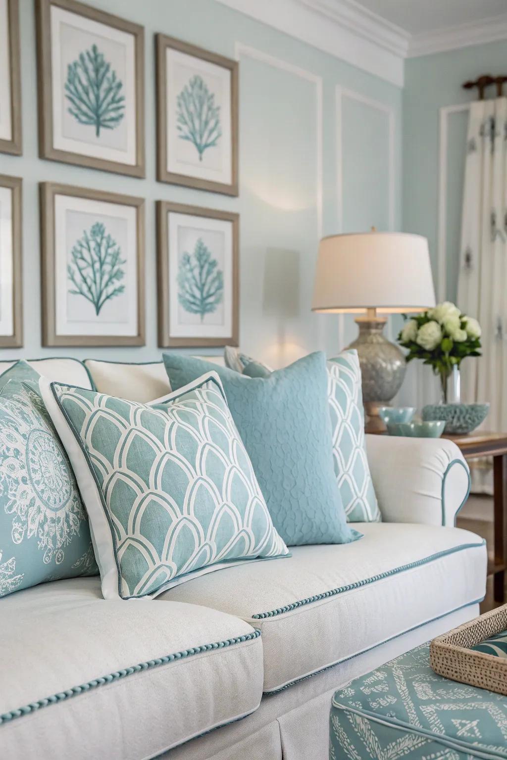 A room showcasing a balanced color palette of blues and whites.