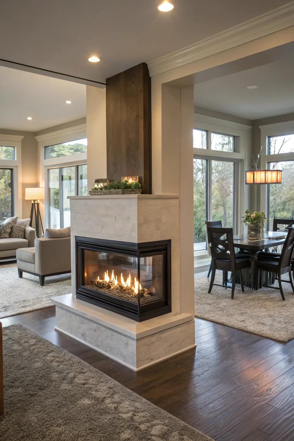This double-sided fireplace effortlessly joins the living and dining zones.