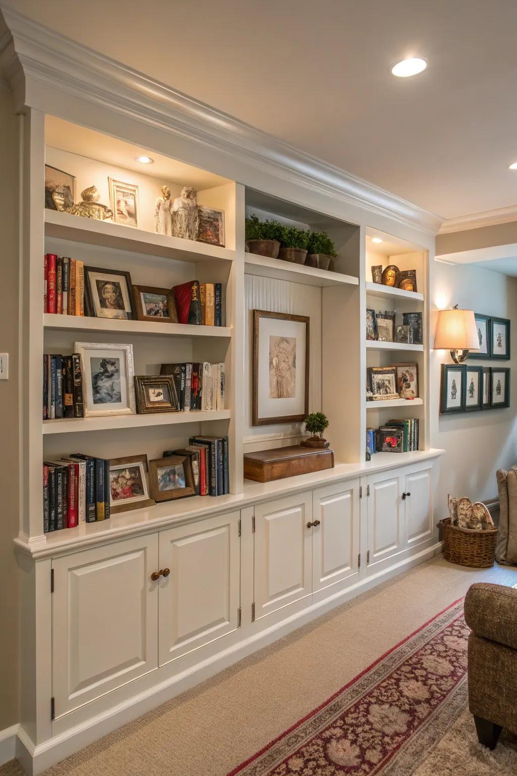 A half wall featuring integrated shelves brimming with books and decorative items, forming a fashionable space partition.