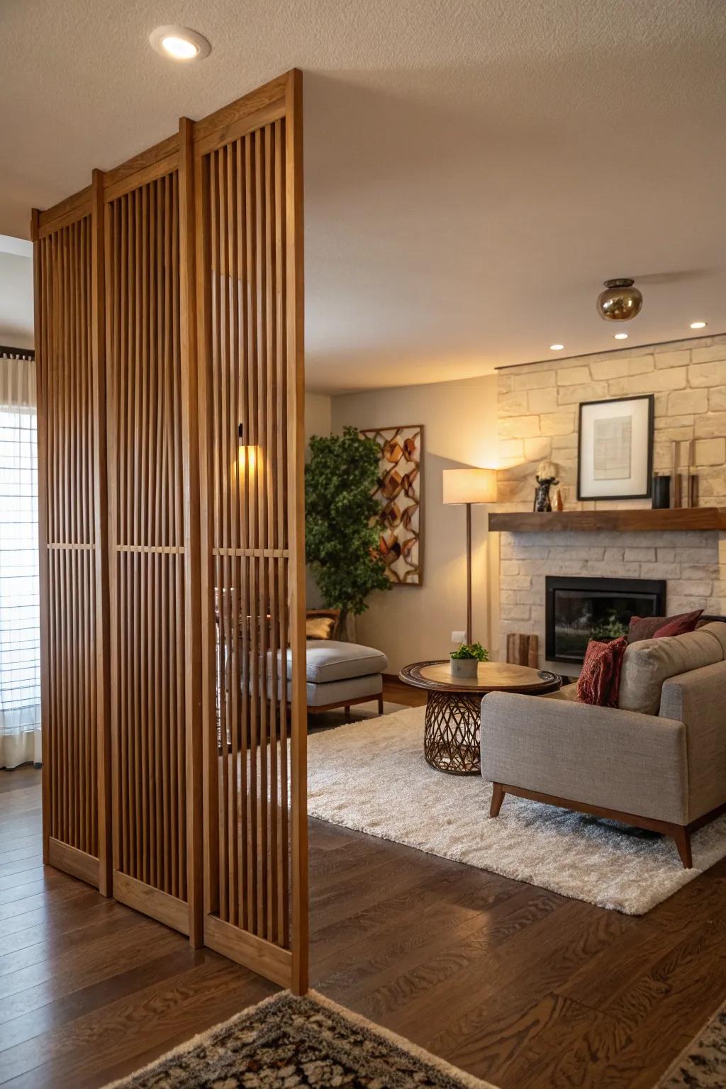 Wooden slat dividers offer a blend of warmth and modernity, perfect for a cozy atmosphere.