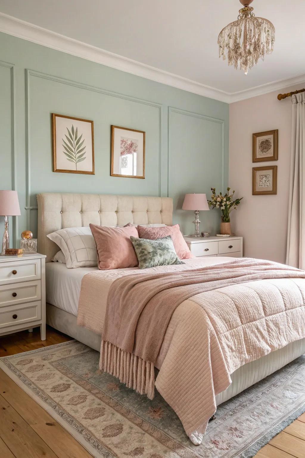 A serene bedroom featuring gentle pastel colors and comfortable textures.