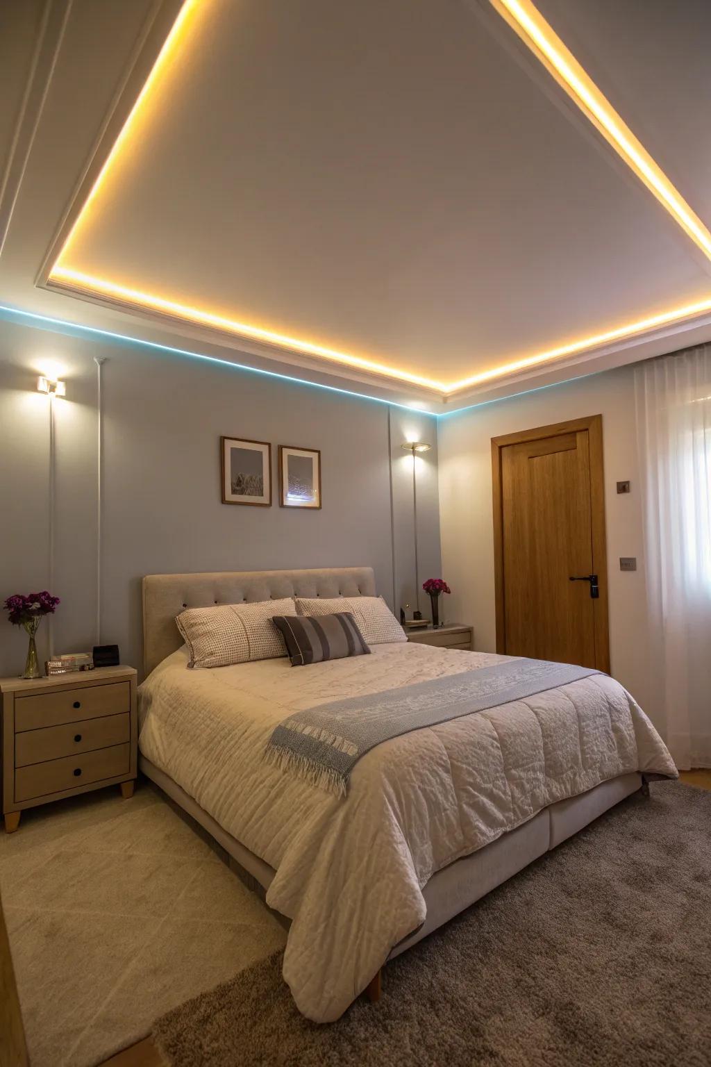Soft, inviting ambiance created by LED strips lighting up the ceiling.