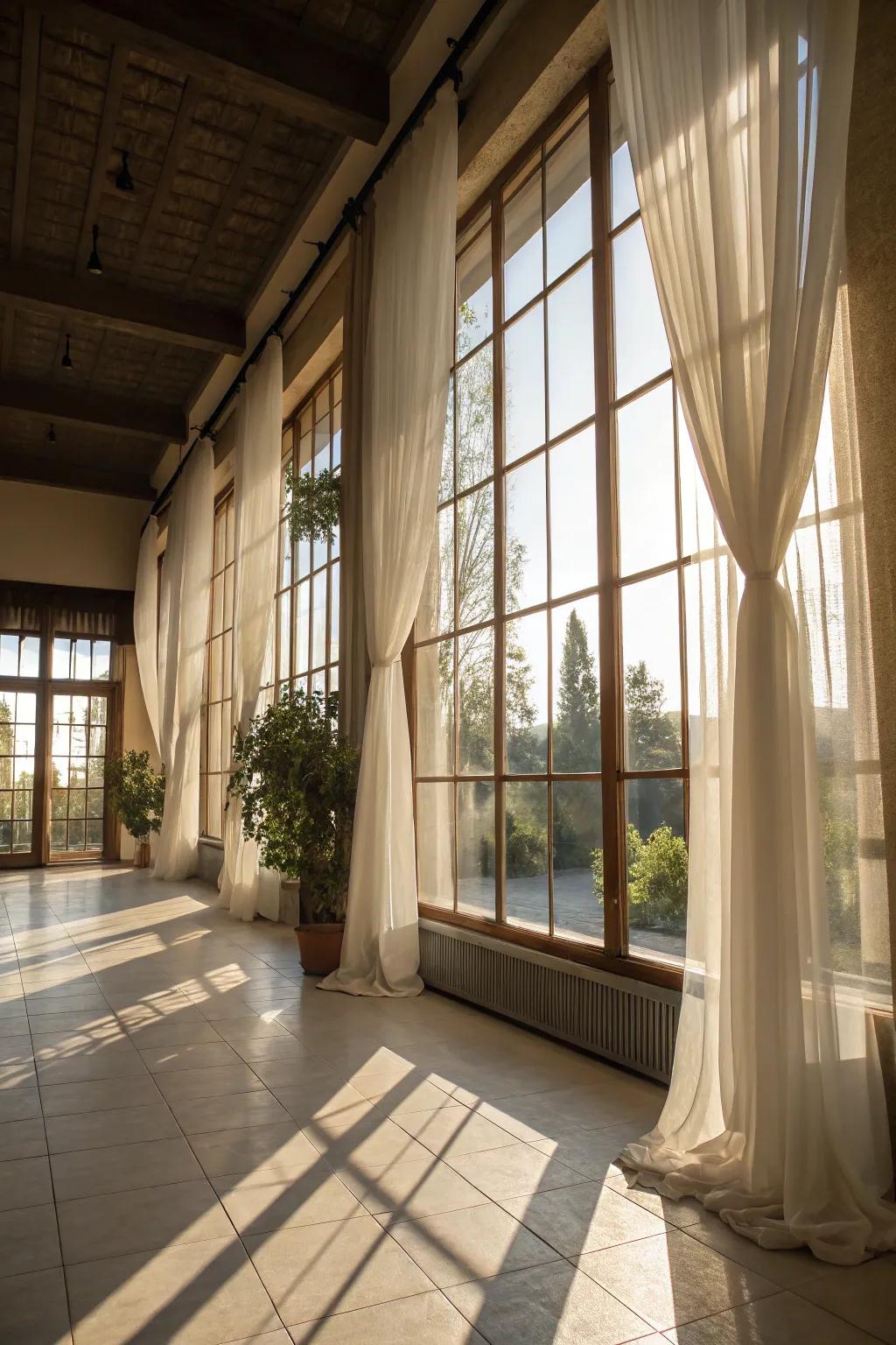 A sunlit room that makes great use of natural light, with large windows and sheer curtains.