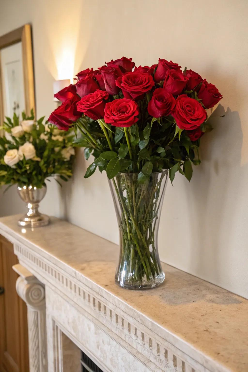 Eternal charm radiates from ruby roses showcased in a classic glass vase.