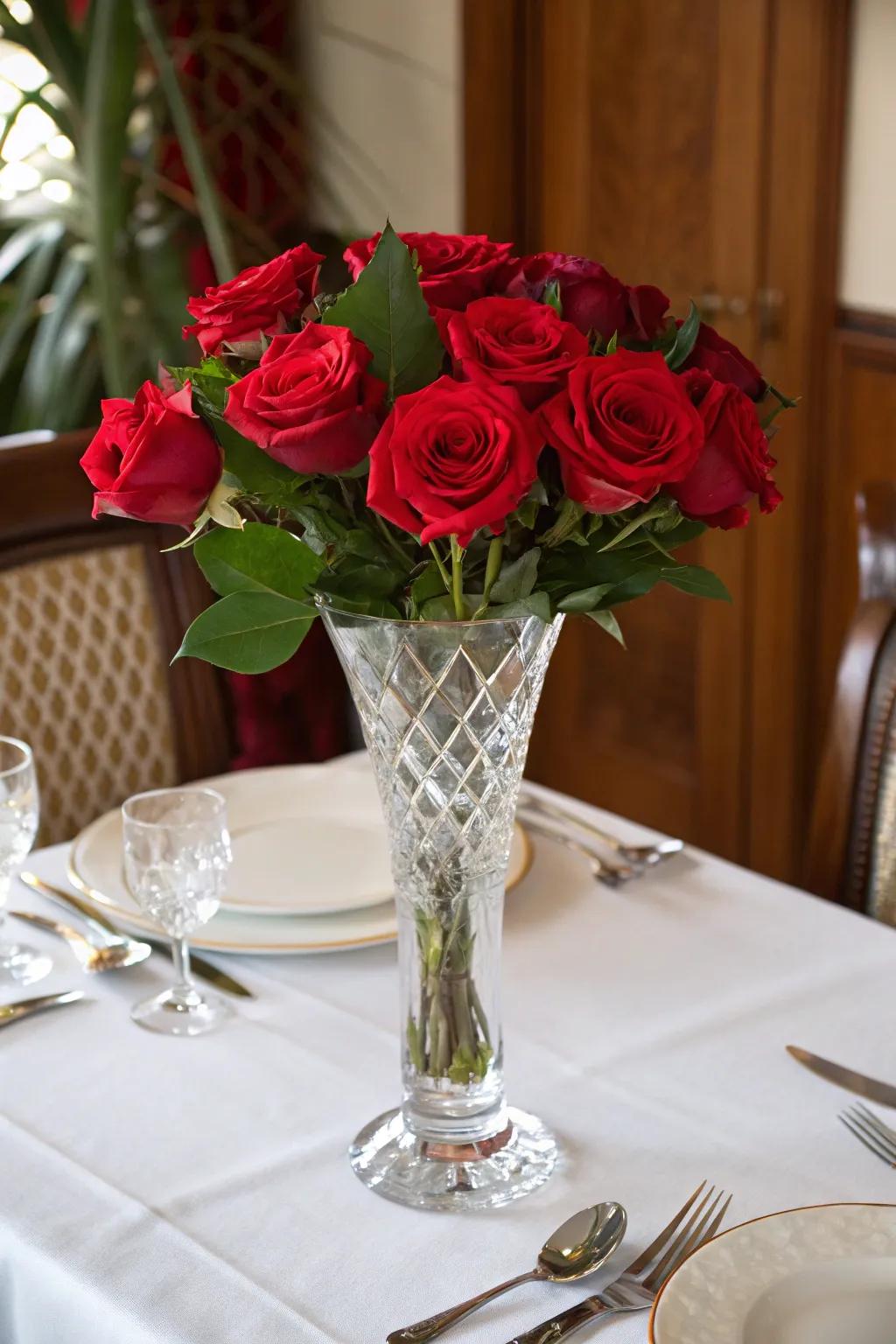 Timeless Opulence with Glass and Crimson Roses