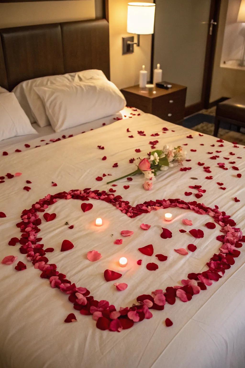A heart-shaped arrangement of floral confetti on a bed, perfectly setting the stage for a romantic encounter