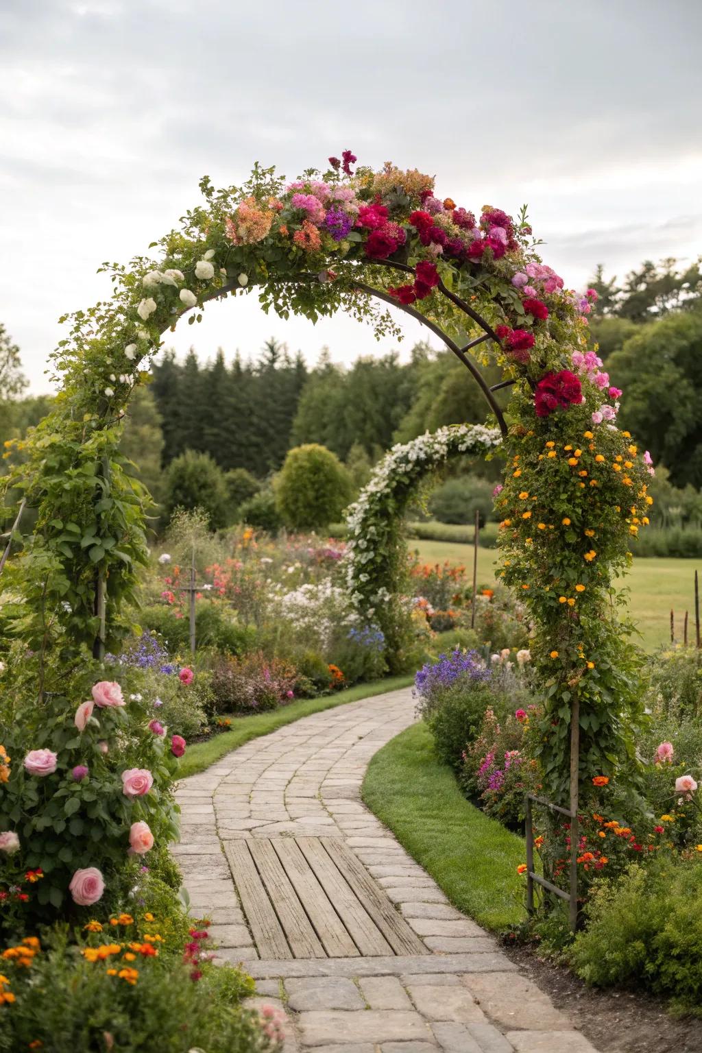 A round arch changed into a floral masterpiece, ideal for any outdoor area.