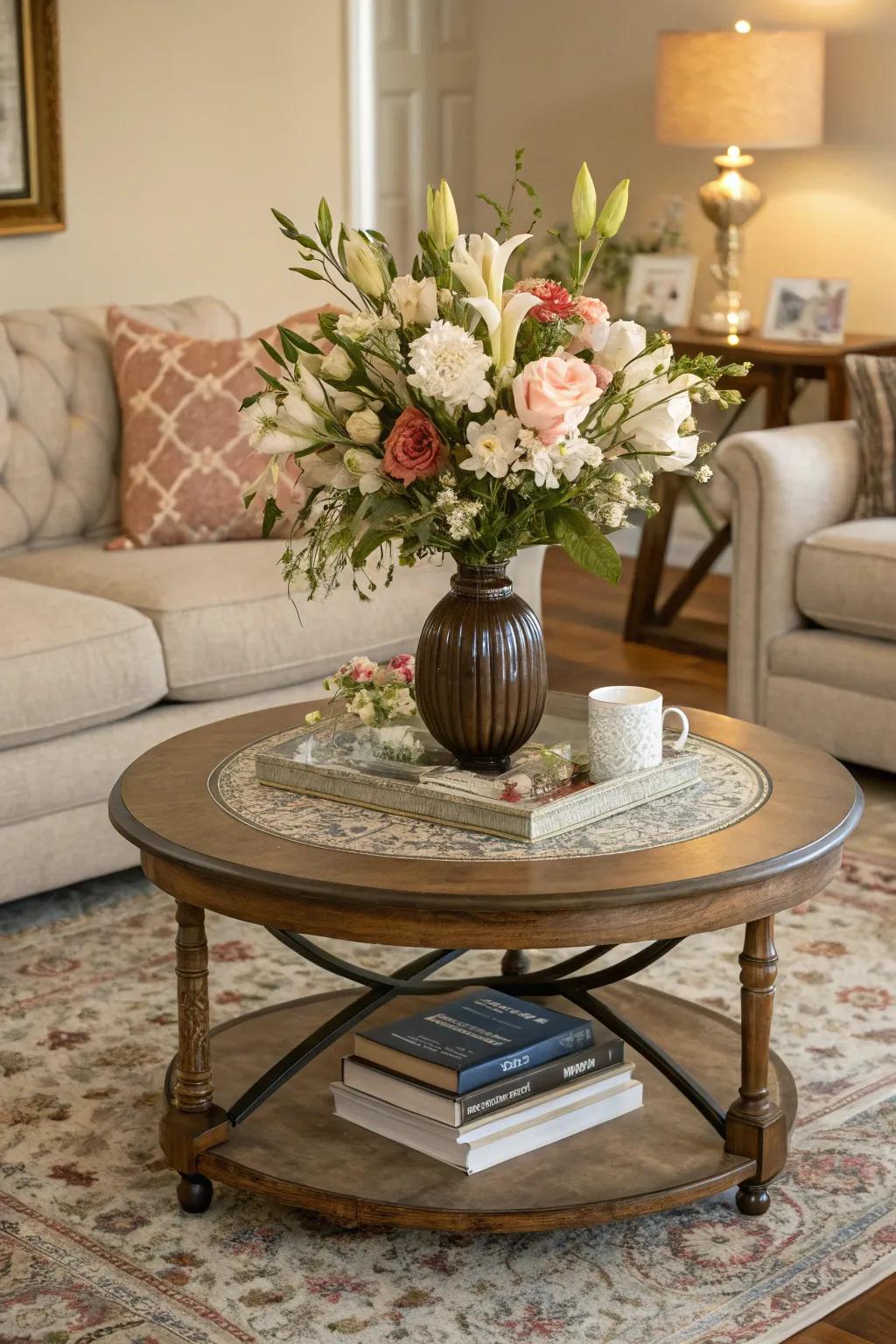 A floral centerpiece infuses vibrancy into your coffee table aesthetic.