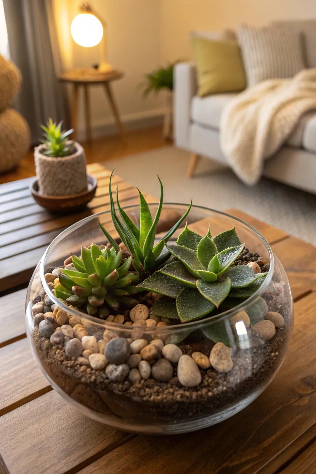 An enchanting garden display showcased in a clear bowl draws nature indoors.