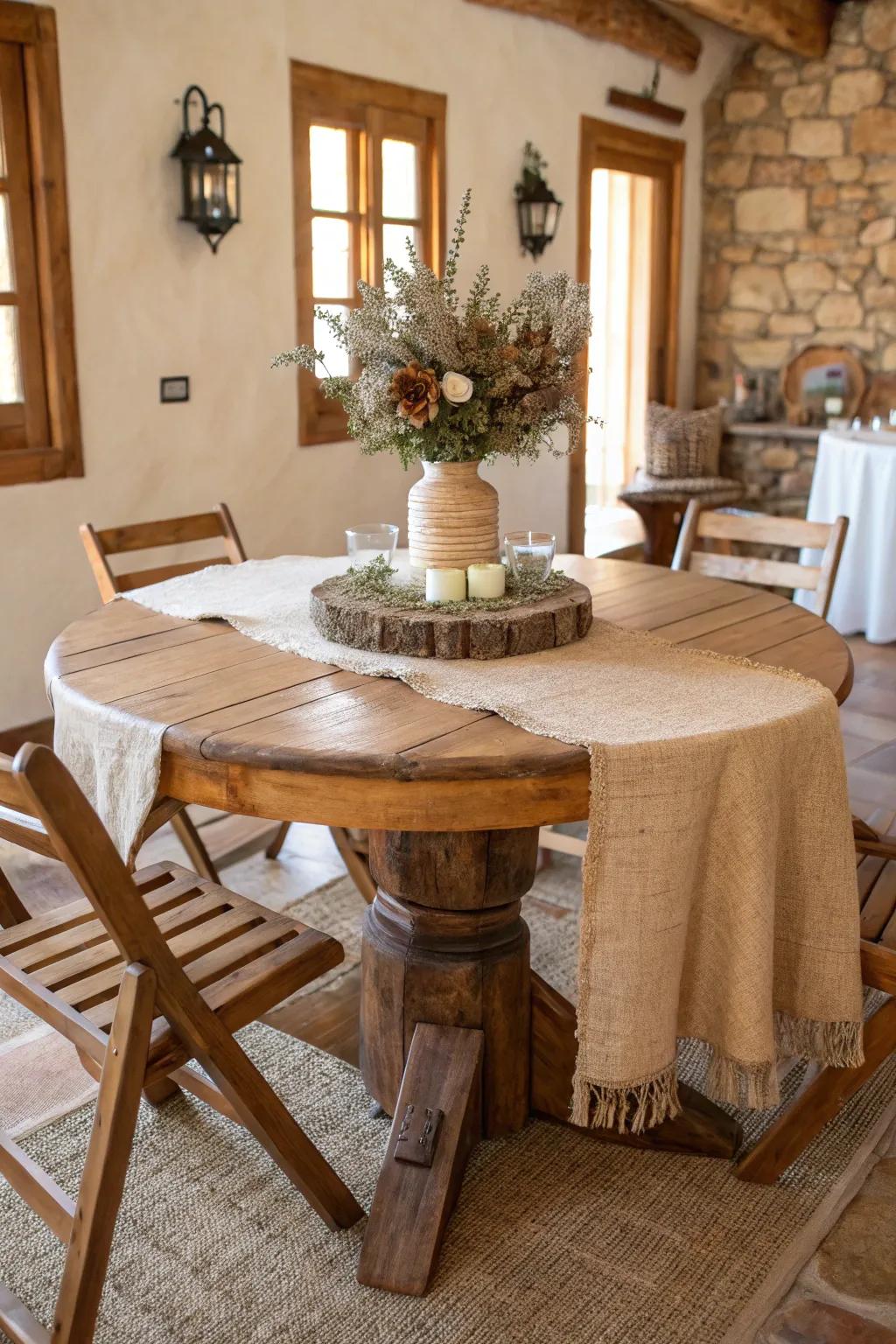 Burlap runners bring a rustic charm to round tables.