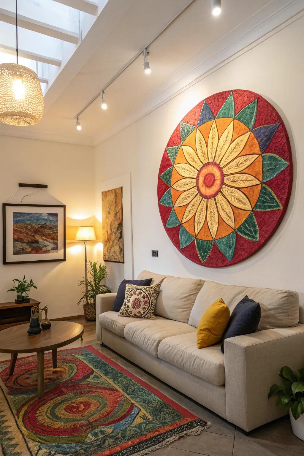 A living area showcased with a vibrant, bold circular artwork serving as its focal point.