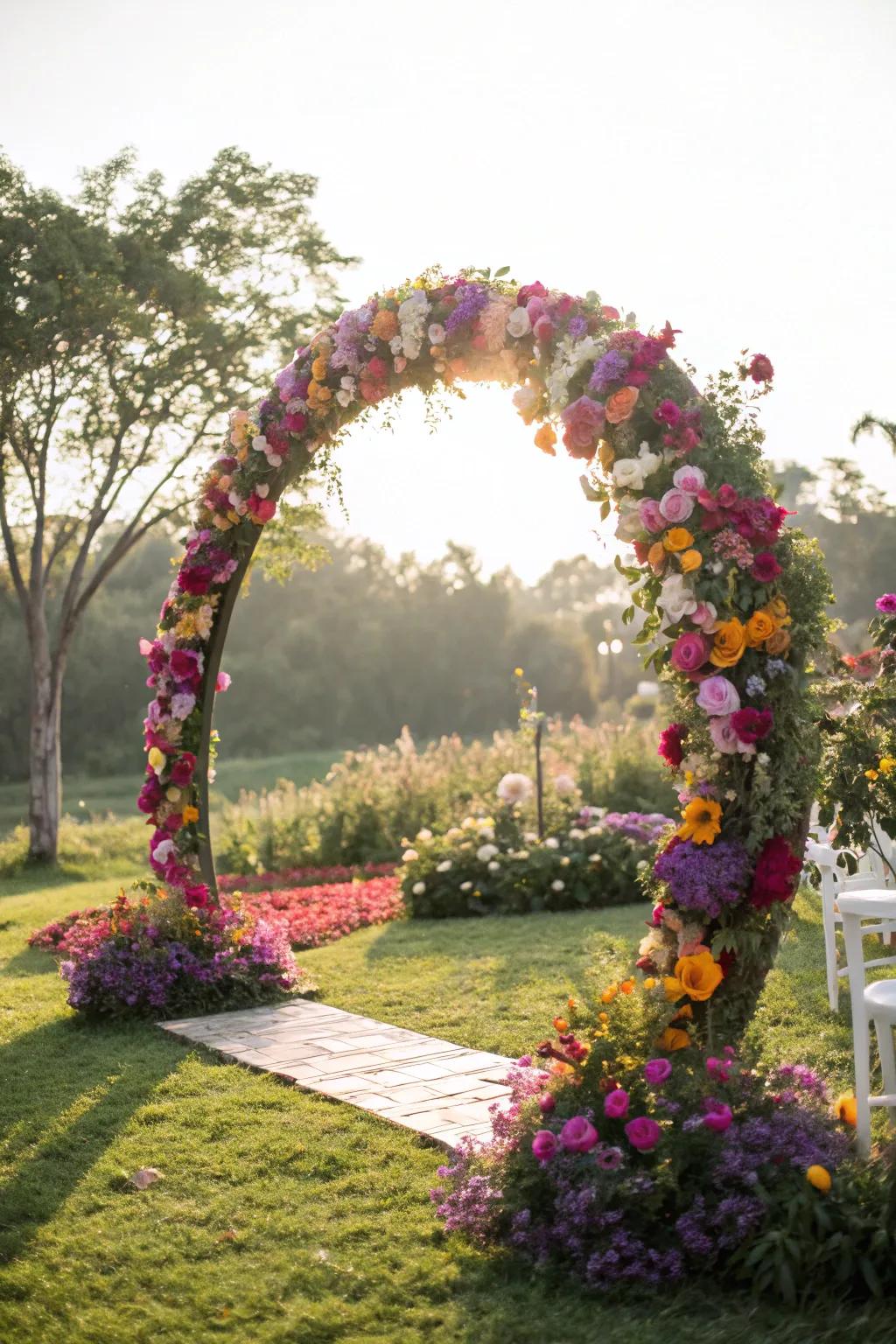 A circular wedding arch blossoming with colorful blooms.