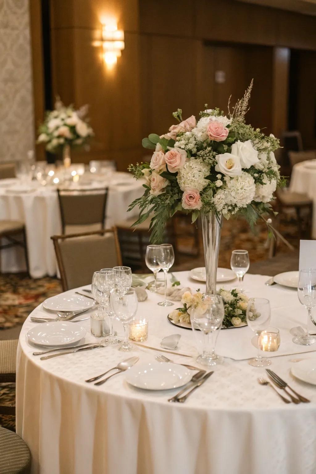 Classic white table covering complemented by striking floral centerpieces.